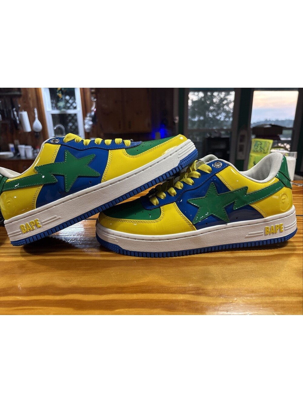 A Bathing Ape Bapesta Brazil Green Yellow Blue White Low Top  Sz-8.5